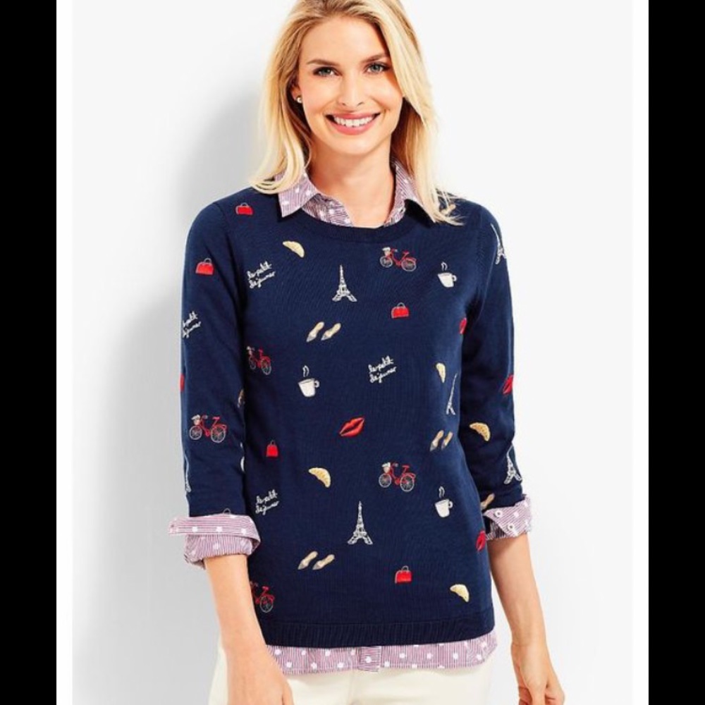 Talbots Paris cotton embroidered sweater Womens small blue